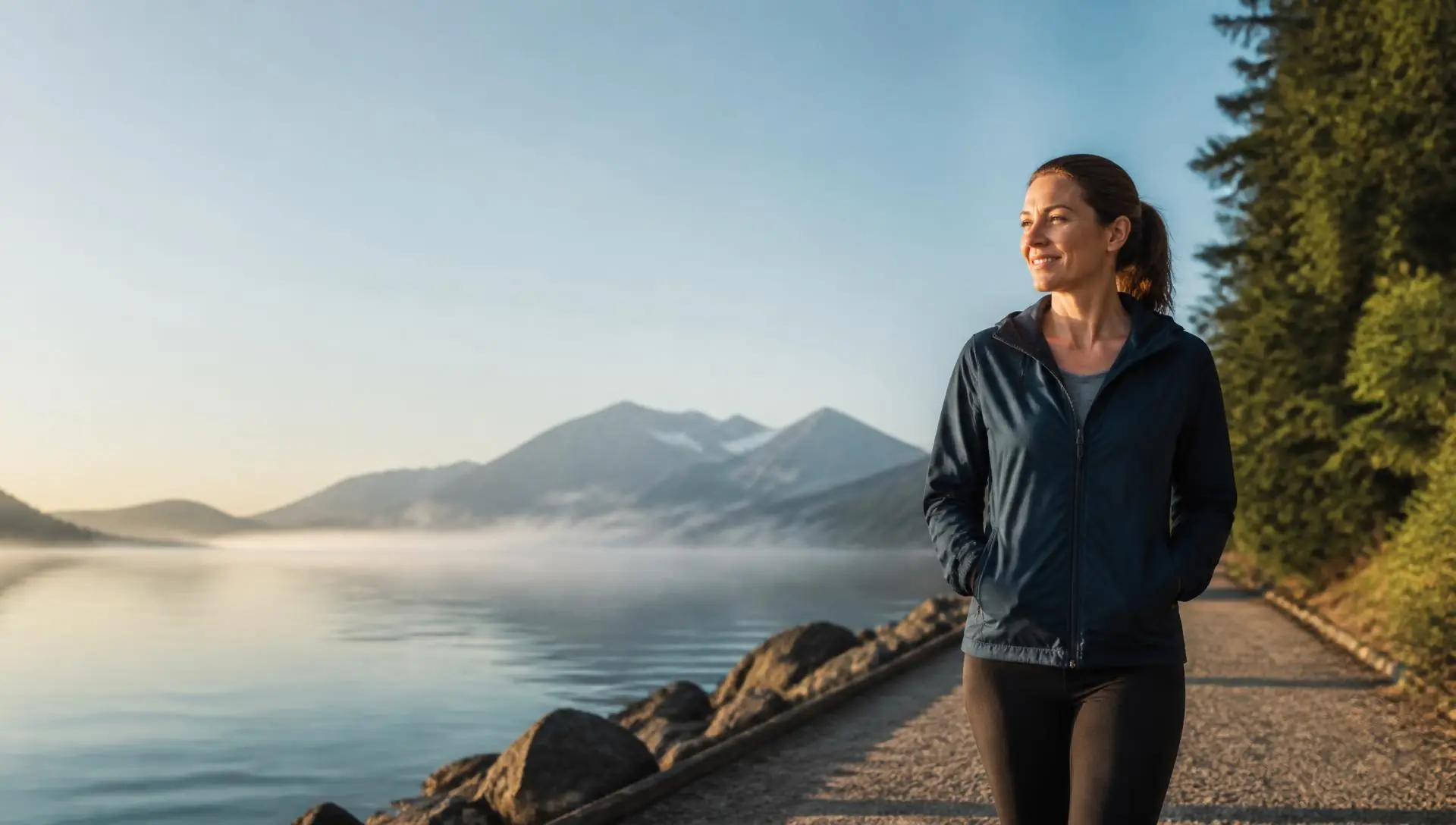 Frau geht am frühen Morgen einen Weg entlang eines ruhigen Bergsees